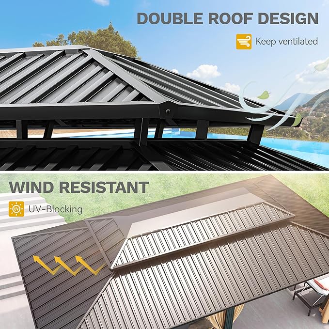DWVO 12x20ft Gazebo Double Roof Hardtop with Nettings and Curtains, Heavy Duty Galvanized Steel Outdoor Vertical Stripes Roof for Patio, Backyard, Deck, Lawns, Brown