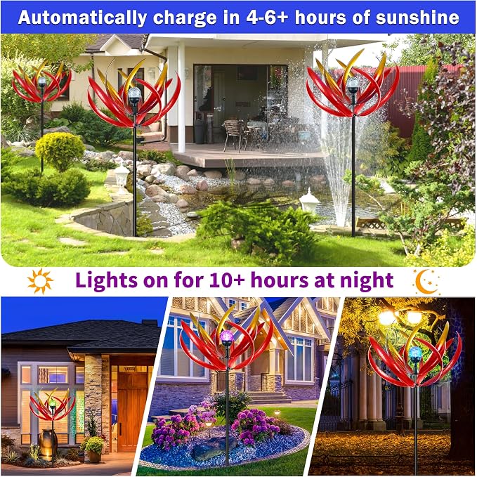 70 in Large Wind Spinners Outdoor, Solar Wind Sculpture, Red | Metal Windmill with Solar Multi-Color Light, All Weather Decor , Ideal Yard Art for Garden, Backyard, Lawn & Outdoor Decor
