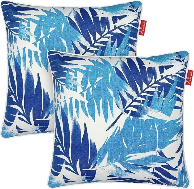 Pack of 2 Outdoor Throw Pillows,16x16 Inch All-Weather Water-Resistant Patio Pillows with Inserts,Decorative Pillows for Patio Furniture,Couch,Sofa,Poolside,Blue Leaf
