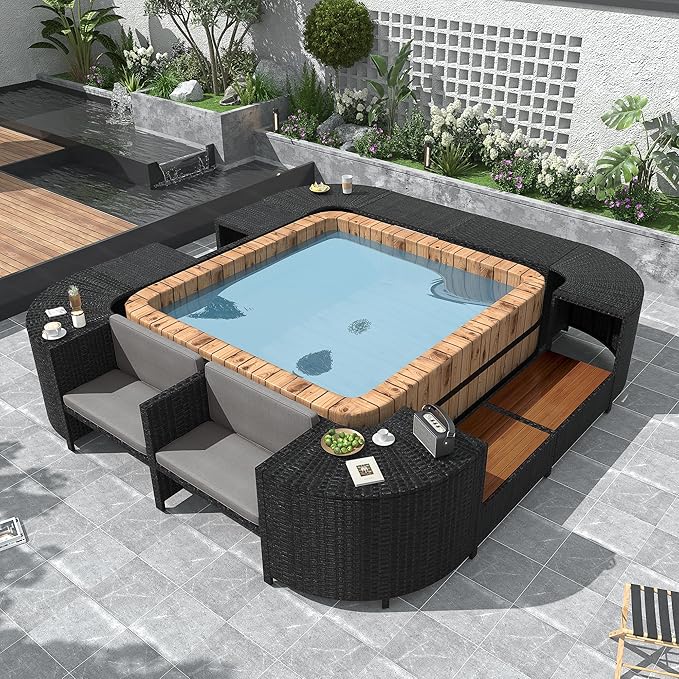 LUMISOL Patio Furniture Set, Spa Surround Outdoor Rattan Sofa Set with Wooden Seats and Storage Spaces, Quadrilateral Patio Sofa Set with Spa Surround Tub Frame for Patio, Backyard, Grey