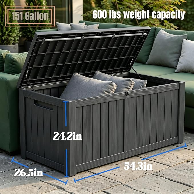 MAKINO 151 Gallon Large Resin Outdoor Storage Box, Waterproof Deck Box, Lockable Deck Container with Reinforced Support, Outdoor Chest for Patio Accessories, Outdoor Cushions, Garden Tools, Black