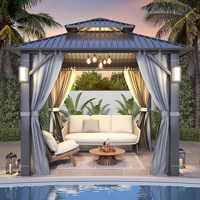 GARTOO 8.5x8.5FT Outdoor Hardtop Gazebo with Double Roof - Aluminum Heavy-Duty Steel Top Gazebo with Solar LED Light, Breathable Netting & Privacy Curtain for Patio, Porch, Garden, Backyard