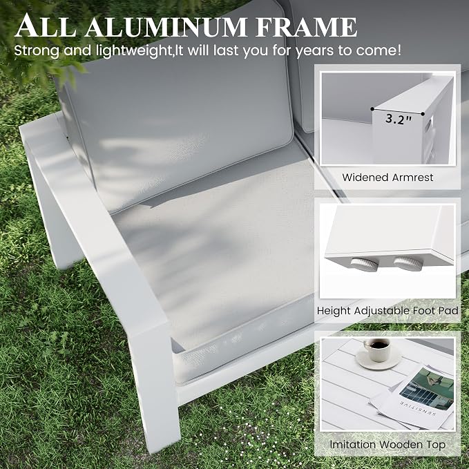 Aluminum Patio Furniture Set, 10 Piece Metal Outdoor Furniture Sets, Patio Set with Waterproof Covers for Backyard Garden（White）