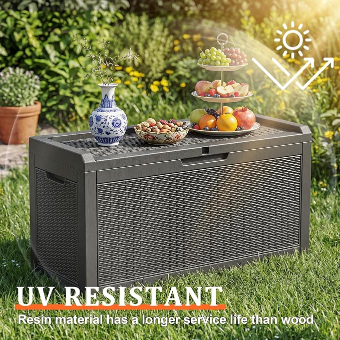 EasyUp 70 Gallon Deck Boxes Outdoor Waterproof, Resin Outside Storage Box for Patio Cushion Furniture Pool Accessories Garden Tools Indoor Outdoor Storage Bench (70 Gallon, Black)