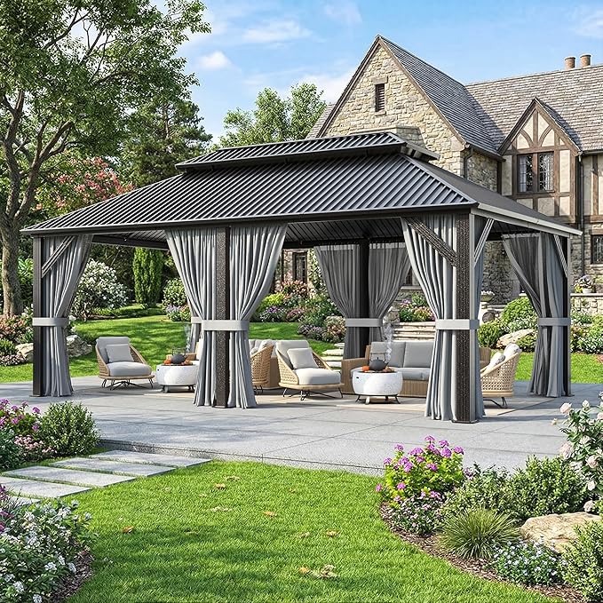 AirWire 12'x20' Outdoor Gazebo Hardtop Grill Gazebo Aluminum Galvanized Steel Double Roof Outdoor Pergola Include Curtain and Netting for Backyard, Patio, Lawn