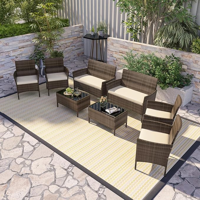 RELAX4LIFE 8-Piece Patio Furniture Set - Rattan Outdoor Conversation Bistro Set w/Cushions, Glass Coffee Table, Wicker Chairs & Loveseat for Garden Backyard Porch, Balcony Furniture Set (2, Beige)