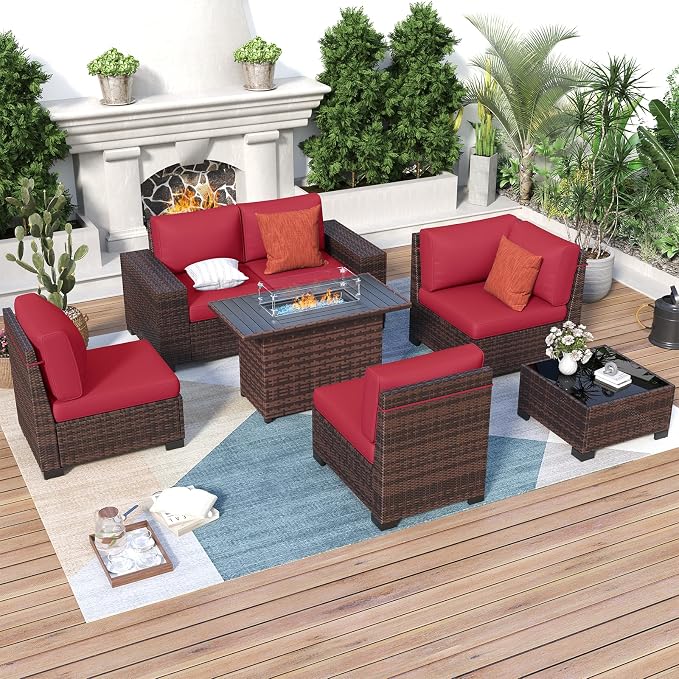 Patio Furniture with Fire Pit Table,8‘’ Wide armrest Outdoor Sectional Rattan Sofa Set, Wicker Patio Furniture Sets w/Coffee Table,Thick Cushions and Cover for Porch, Balcony,7PC (Brown&Wine)