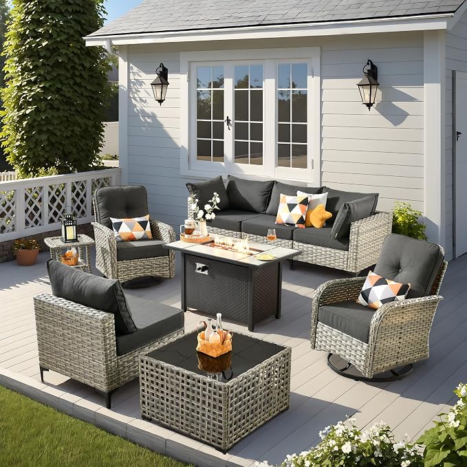 Outdoor Patio Furniture Sets,9 PCS Patio Conversation Set Outside Rattan Sectional Sofa with 42 in Fire Pit Table Wicker Rocking Chair Coffee Table Fit Backyard Porch Garden Poolside Balcony