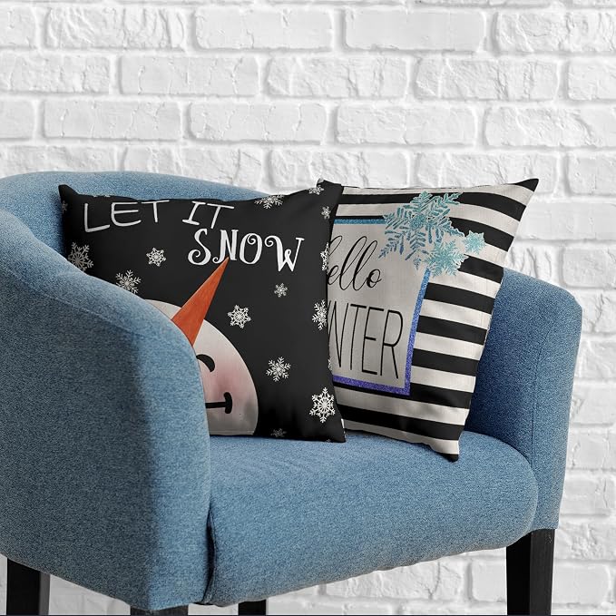 Winter Decorative Pillow Covers 18x18 Lovely Snowman Throw Pillow Covers Set of 2 Hello Winter Black Stripes Cushion Case for Living Room Holiday Decor Couch