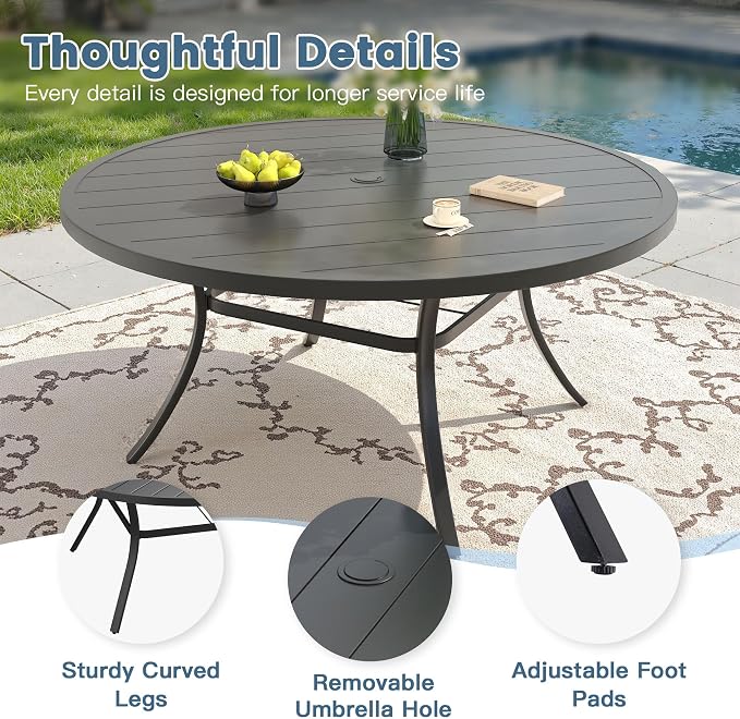 DIFY 11 Piece Outdoor Dining Set, 63" Black Round Metal Patio Table and Dark Grey Textilene Stackable Chairs for 10, All Weather Patio Furniture Set with Umbrella Hole for Backyard Garden Deck