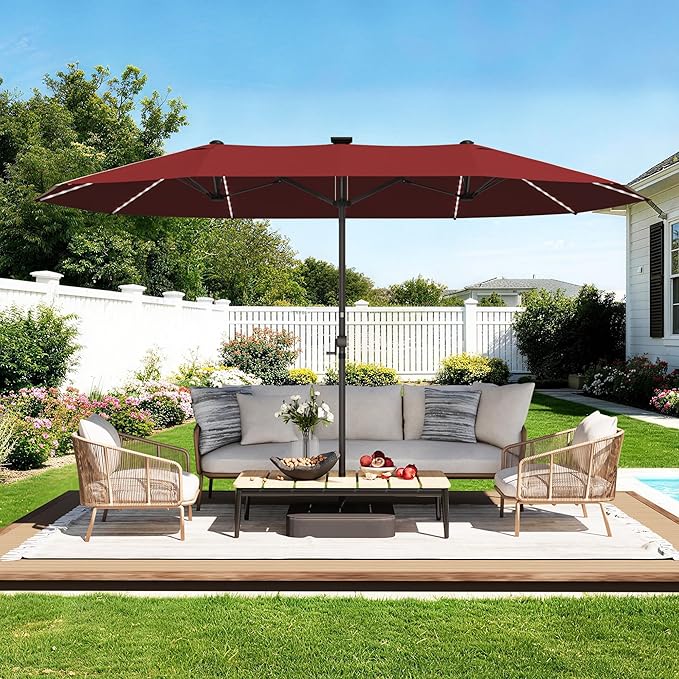 GDPFN 13ft Rectangular Patio Umbrella with Solar LED Lights, Double-Sided Outdoor Market Umbrella with Base Included, Extra Large Shade for Pool, Deck, Backyard, Garden, Burgundy