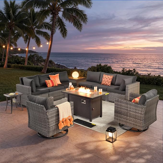 ovios 11 Piece Outdoor Patio Furniture Set with Fire Pit Table,Conversation Sectional Wicker Couch with Swivel Chairs,Modern Outside Sofa for Balcony Backyard, Black