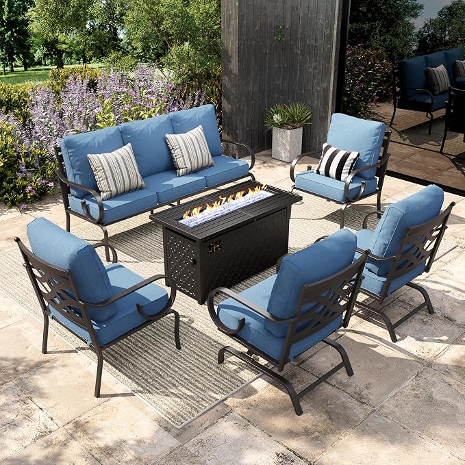 Sophia & William Patio Conversation Set for 7, 3-Seater Sofa, 2 Fixed Chairs, 2 Rocking Chairs and a 45" Fire Pit Table, Metal Outdoor Furniture with 5.75" Extra Thick Cushions, Navy