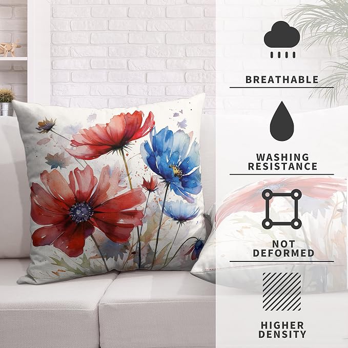 Set of 2 Red and Blue Floral Pillow Covers 22x22 Beautiful Watercolor Flowers Decorative Pillow Case White Linen Square Cushion Case for Indoor Outdoor Car