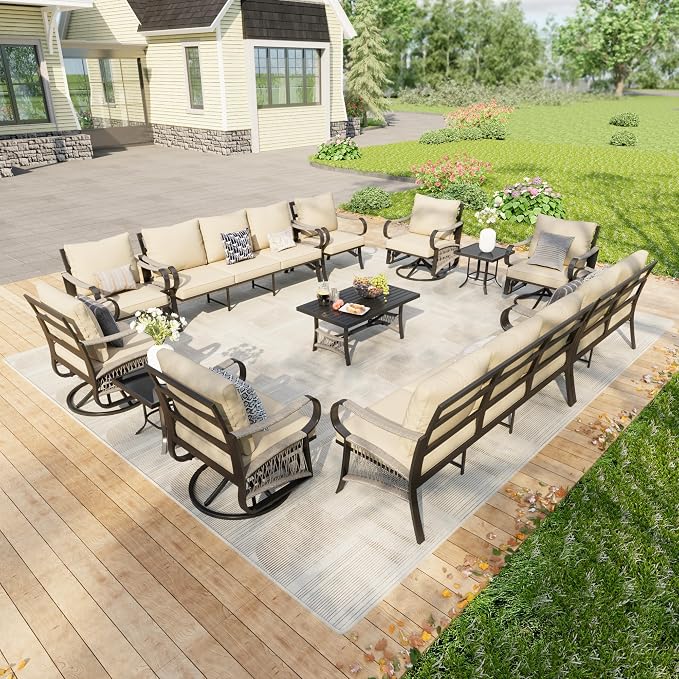 12 Pieces Outdoor Conversation Set, Rope Patio Furniture Sets Metal 2 Three-Seater Couch 4 Swivel Rockers with 2 Side Tables Loveseat Sofa 2 Single Chairs with Coffee Table, Beige