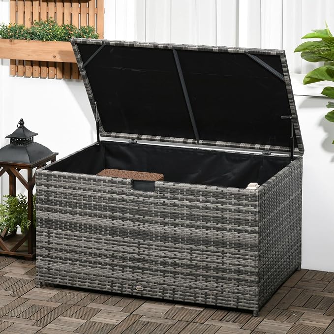 113 Gallon Deck Box, Rattan Outdoor Storage Box, Waterproof Storage Container for Indoor, Patio Furniture Cushions, Pool Supplies, Garden Tools, Dark Gray