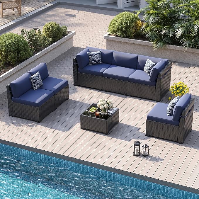 Patio Furniture Sets, 7-Piece Outdoor Patio Furniture with Thick Cushions,Coffee Table Outdoor All-Weather Conversation Set Sectional Sofa for Backyard, Poolside, Garden(Navy Blue)