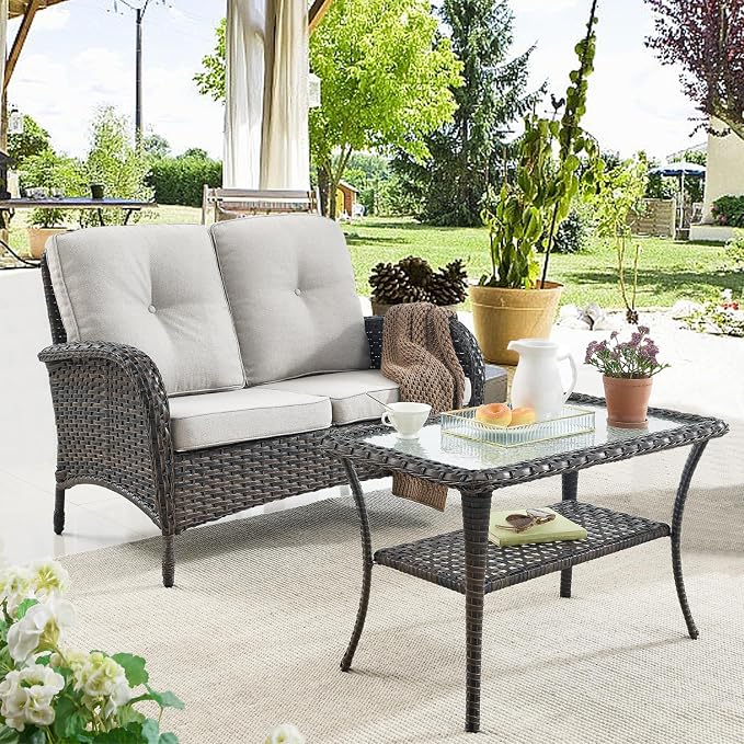 Belord Patio Wicker Furniture with Rocking Chairs Loveseat, 5 Piece Rattan Furniture Outdoor Table and Rocking Chairs Set for Patio Deck Porch Backyard Brwon/Beige