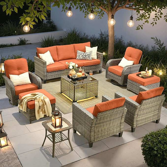ovios 9 Pieces Patio Furniture Set, Outdoor Wicker Sofa Couch with Swivel Glider Chairs Solar Lights Table, Modern Deep Seat Rattan Conversation Sets for Deck Porch, Orange Red