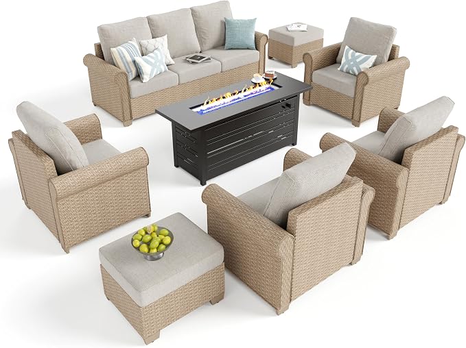 Patio Furniture Set 8 pcs, Wicker Rattan Outdoor Furniture with 5.5" Thick Waterproof Cushions, and 56" Fire Pit Table, All Weather Outdoor Conversation Set for Backyard Deck, 9 Seats Beige