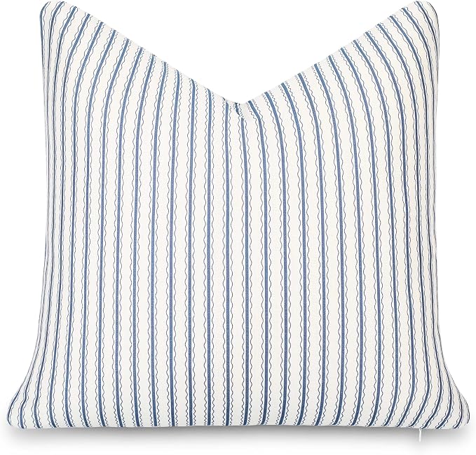 California Casual Coastal Indoor Outdoor Throw Pillow Cover, 22"x22" Water Repellent for Patio, Backyard, Couch, Poolside, Azure Blue Print Wave Stripes