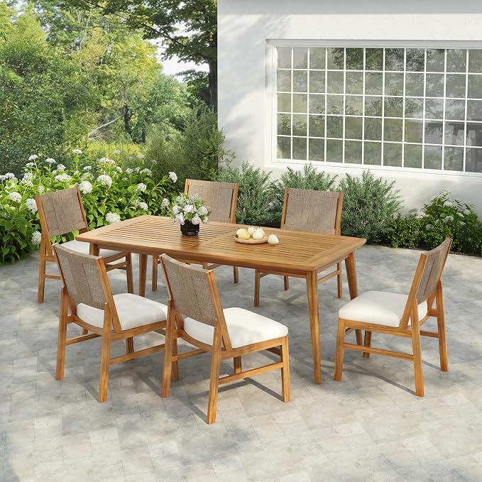 Christopher Knight Home 7 Piece Outdoor Dining Set, 71" Acacia Wood Patio Table with 6 Light Brown Wicker Chairs and Cream Cushions, Teak Finish Wood Dining Table Set for Backyard Garden Porch Deck