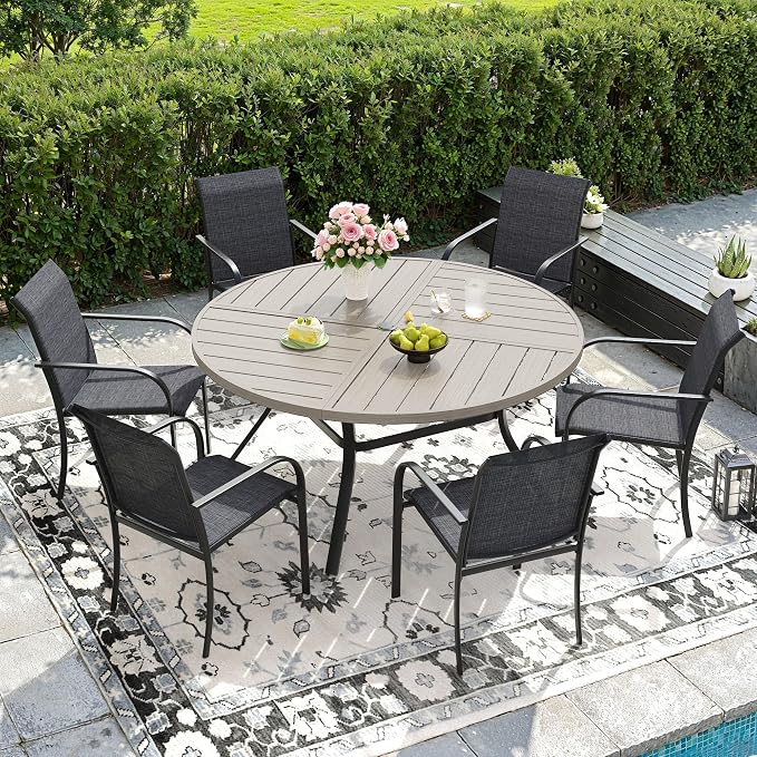 DIFY 7 Pieces Outdoor Patio Dining Set for 6, 50" Grey Wood-Like Round Metal Dining Table and 6 Grey Stackable Textilene Patio Chairs, Outdoor Table and Chairs for Backyard Garden Poolside