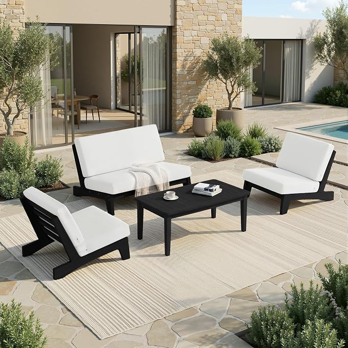 Pia Ricoo 4 Piece Patio Furniture Sets, Outdoor Furniture with 2 Chairs & Coffee Table, Patio Conversation Set for Backyard, Deck, Lawn, Beige, Dark Wood