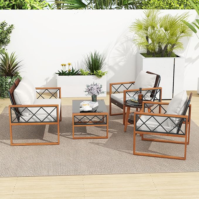 Tangkula 5 Pieces Wicker Patio Conversation Furniture Set, Outdoor Glass Coffee Tables with Acacia Wood Frame and Cushioned Armchairs for Deck, Garden and Backyard