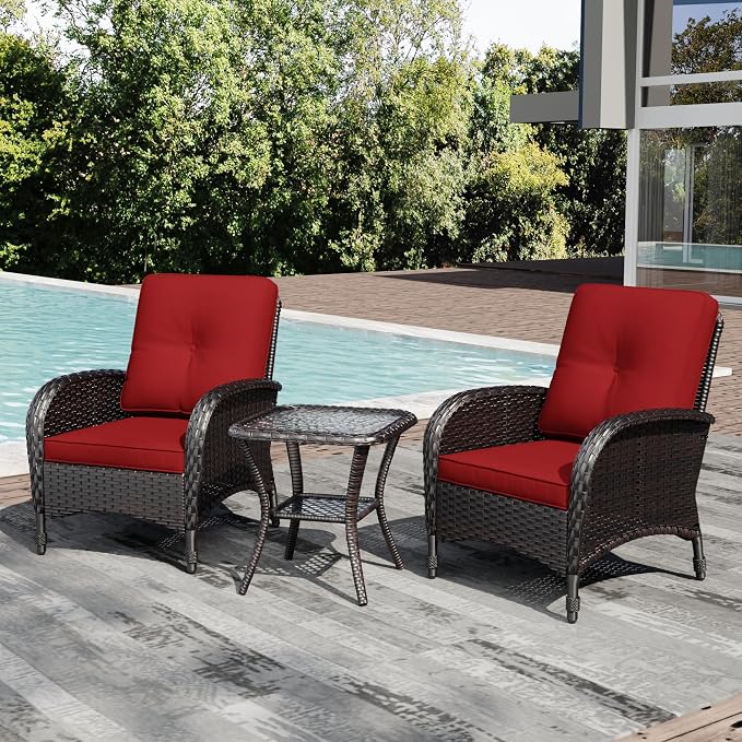 Joyside Wicker Patio Chairs, 3 Piece Rattan Outdoor Furniture with Thickened Cushions, High Back, Deep Seating, Wide Armrest, Outdoor Chairs for Porch, Deck