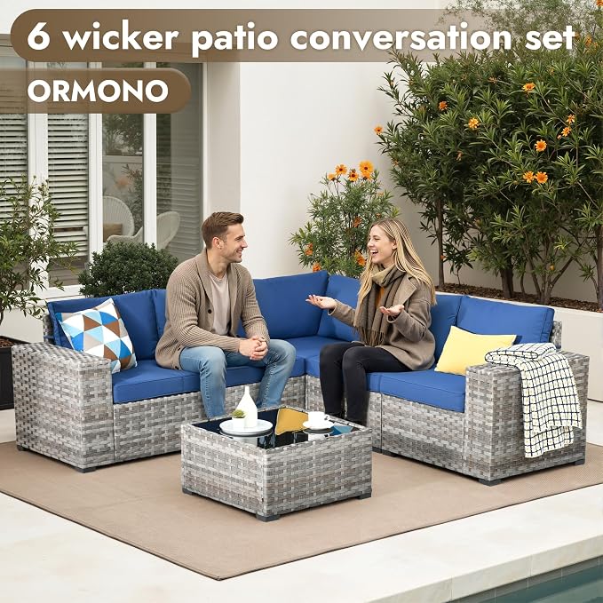 6 Pieces Patio Furniture Set, Wicker Outdoor Sectional Sofa with Coffee Table Comfy Cushions, Modern Modular Deep Seat Rattan Couch Conversation Set for Backyard Porch Yard,Navy Blue