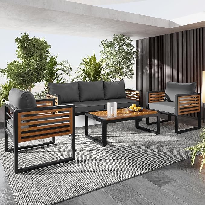 Large 4-Piece Outdoor Furniture Sofa Conversation Set for 5 Person, Garden Sofa with Removable Cushions, Metal and Wood Frame, Acacia Wood Tabletop in Gray