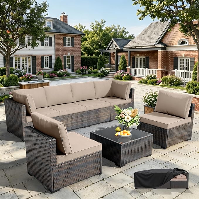 WWR Patio Furniture Set 7 Piece - All-Weather - Wicker Rattan Patio Outdoor Conversation Set, Modular Sectional Sofa for Backyard, Garden, Poolside, Balcony, Porch, Patio, Brown/Khaki