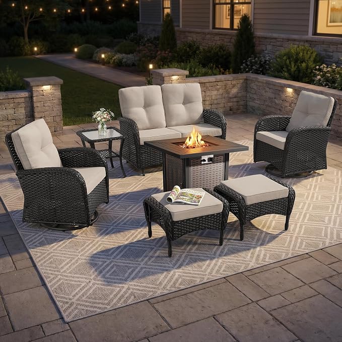 7 Piece Patio Furniture Set with Fire Pit Table - Wicker Patio Conversation Set with Swivel Glider, Glider Loveseat, Side Table and 2 Ottomans for Deck Backyard - Black Wicker Beige Cushion