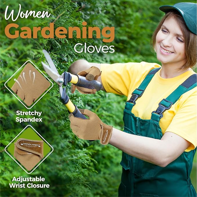 HANDLANDY Gardening Gloves for Women, Leather Garden Glove, Gardener Gift | Breathable Floral Ladies Leather Garden Yard Gloves, for Trimming, Weeding, Digging, Planting, Pruning