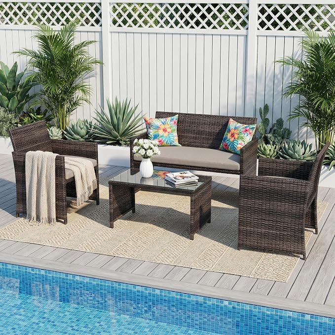 Garvee 4-Piece Patio Furniture Set, PE Rattan Outdoor Conversation Set with Cushions & Tempered Glass Table, All-Weather Wicker Patio Table and Chairs Set for Patio, Porch, Backyard, Brown and Grey