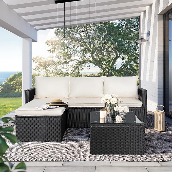 SUNLEI 3-Piece Patio Sectional Sofa, Patio Furniture Set with Detachable Soft Cushions, All Weather Outdoor PE Rattan Patio Conversation Sofa Set with Glass Coffee Table & Ottoman, Black Rattan/White