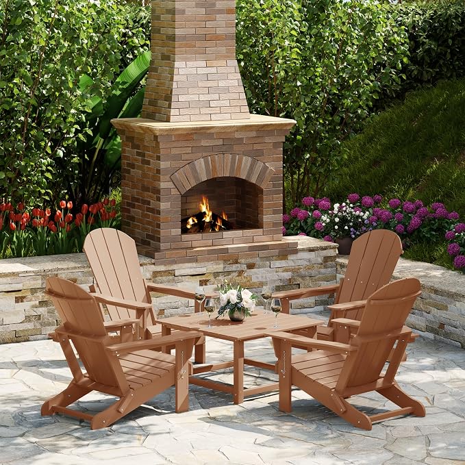 Costaelm Patio Conversation Set, 5 piece Balcony Furniture, Small Patio Firepit Furniture Outdoor Adirondack Square Coffee Table and Chair for Backyard Lawn Porch Pool Garden, Teak
