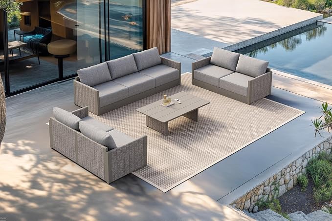 PURPLE LEAF 8 Pieces Outdoor Conversation Sets Patio Furniture Set with Coffee Table PP Rope Patio Sofa with Cushions Manual Weaving Deep Seating Furniture for Porch Lawn Backyard Beige