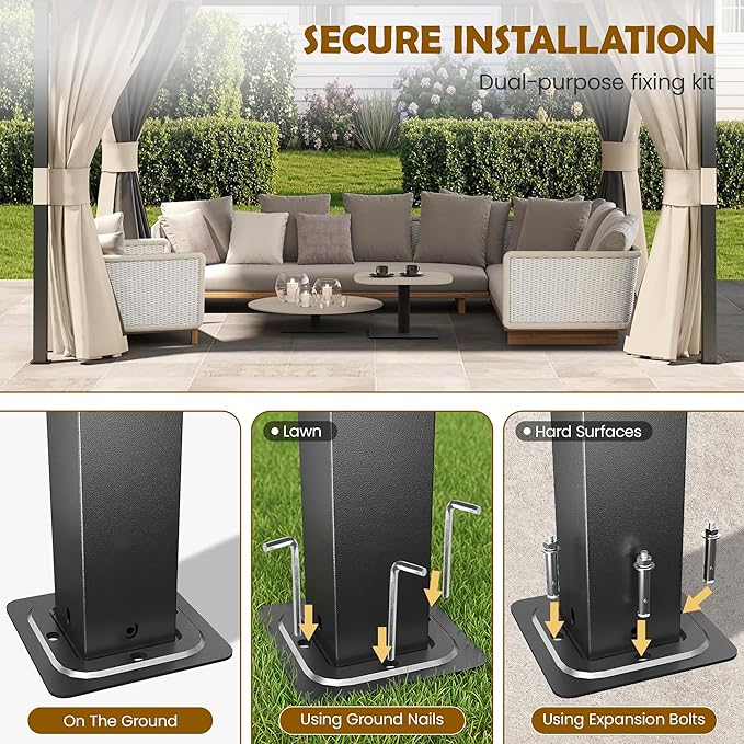 UDPATIO 12'x14' Hardtop Gazebo, Permanent Patio Pavilion with Breathable Netting and Privacy Curtain for Dining Party, Beige