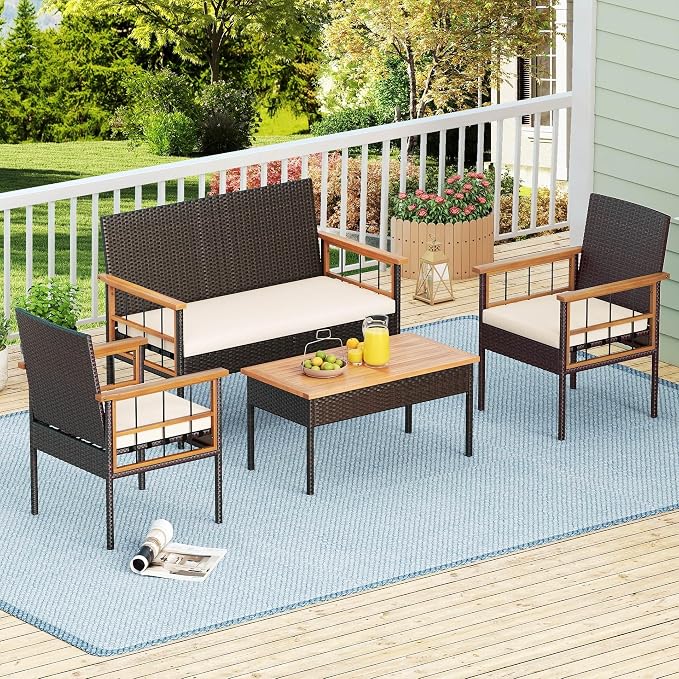 Tangkula 4 Pieces Wicker Patio Conversation Furniture Set, Outdoor Rattan Cushioned Armchairs & Coffee Table Set with Acacia Wood Tabletop for Backyard, Porch, Balcony (Off White)
