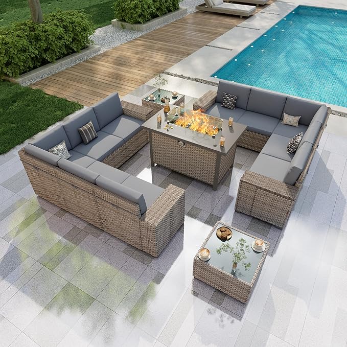 13-Piece Outdoor Patio Furniture Set, Rattan Wicker Conversation Set with Wide Armrests, Outdoor Modular Sectional Couch Seating Group Sofa with Fire Pit for Deck Garden Porch (Gray Cushions)