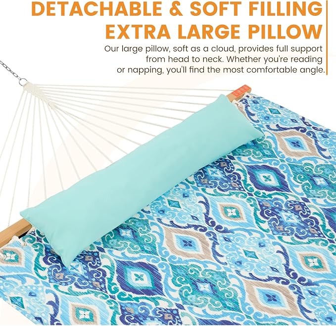 Lazy Daze Hammocks 10.5FT 2 Person Double Quilted Fabric Hammock with Spreader Bar, Detachable Pillow, Side Pocket, Carabiners, Chains, Straps for Outdoor, 450lbs Capacity, Floral Auqa