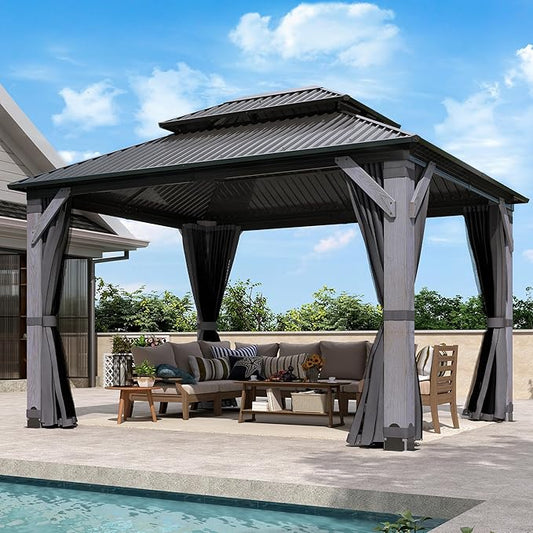 10'x12' Wood Gazebo, Outdoor Hardtop Gazebo with Wood Posts and Galvanized Steel Doule Roof, Wooden Frame Gazebos with Netting and Curtains for Patio, Backyard, Deck