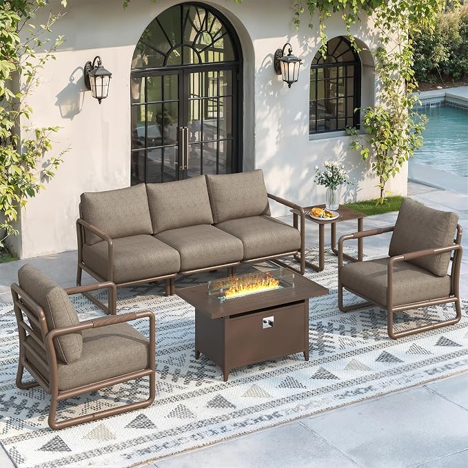Outdoor Aluminum Patio Furniture Set with 43" Fire Pit Table,5-Seat Outdoor Conversation Set with 6.5" Thick Cushions & Coffee Table, All-Weather Patio Set for Backyard，Brown