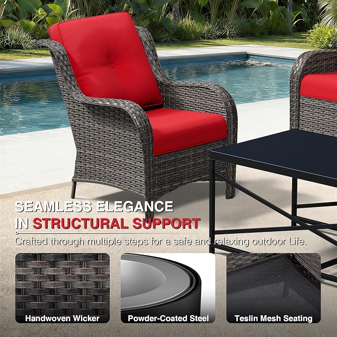 Joyside 5 Piece Wicker Patio Furniture Set, Rattan Patio Chairs with High Back, Deep Seating, Wide Armrest, Thickened Cushions, Outdoor Furniture for Deck, Porch Use