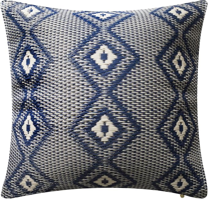 Fab Habitat Outdoor Premium Recycled Plastic Pillow - Waterproof, Fade Resistant - Boho Geometric Diamond - Patio, Porch, Deck, Balcony - Rabat - Blue & Cream - 20" x 20"