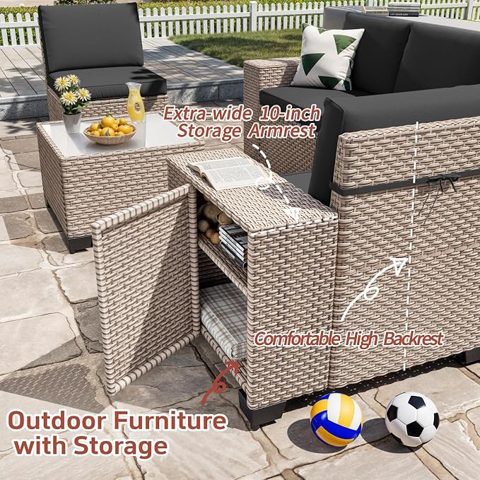 13 Pieces Patio Furniture Set with Fire Pit Table, Outdoor Sectional Wicker Sofa with Thickened Cushions and Coffee Table, High Back Rattan Patio Conversation Sets, Black