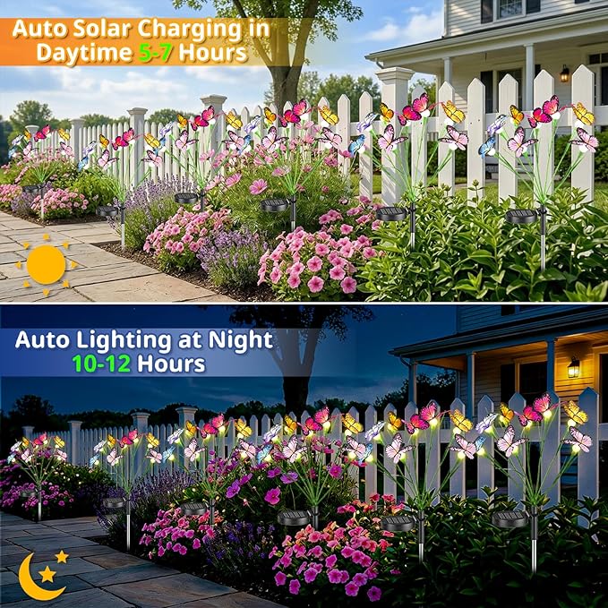 Solar Butterfly Lights Outdoor, 4 Pack 32 LED Solar Garden Lights Waterproof, 2 Modes Solar Powered Outdoor Light for Outside Patio Pathway Yard Lawns Landscape Party Decorations