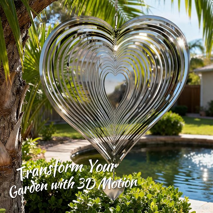 Wind Spinner 12-Inch Garden & Yard Decor, Birthday Gift for Mom | Hanging Yard Art, Garden Decoration for Outdoor and Indoor, Birthday Gift for Women, 3D Heart, Stainless Steel, 2 Pack